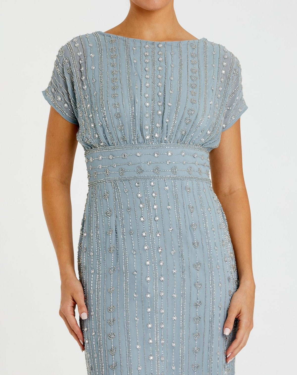 Mac Duggal Blue Beaded Cap Sleeve Empire Waist Sheath Midi Dress
