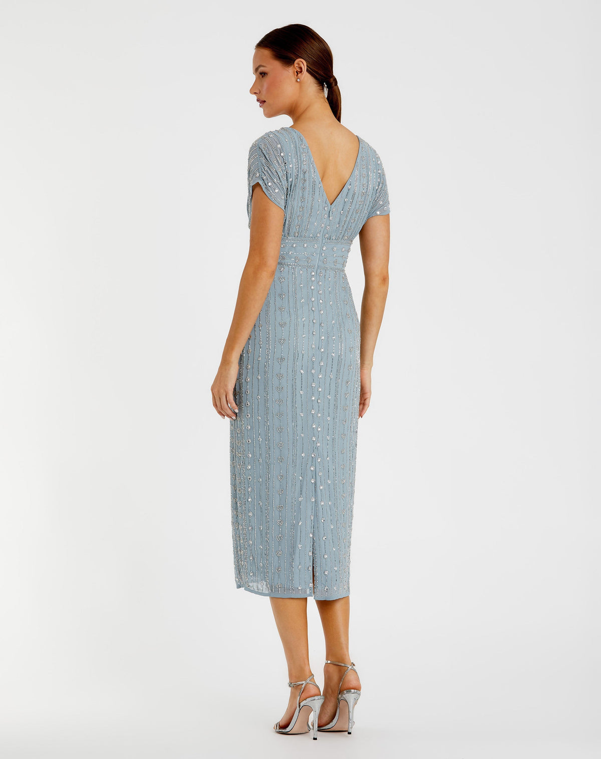 Mac Duggal Blue Beaded Cap Sleeve Empire Waist Sheath Midi Dress