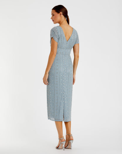 Mac Duggal Blue Beaded Cap Sleeve Empire Waist Sheath Midi Dress
