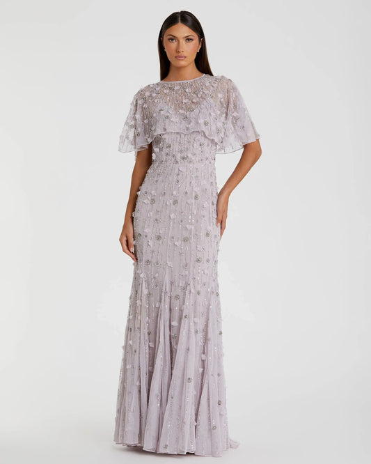 Mac Duggal Purple Embellished Illusion Cape Sleeve Trumpet Gown