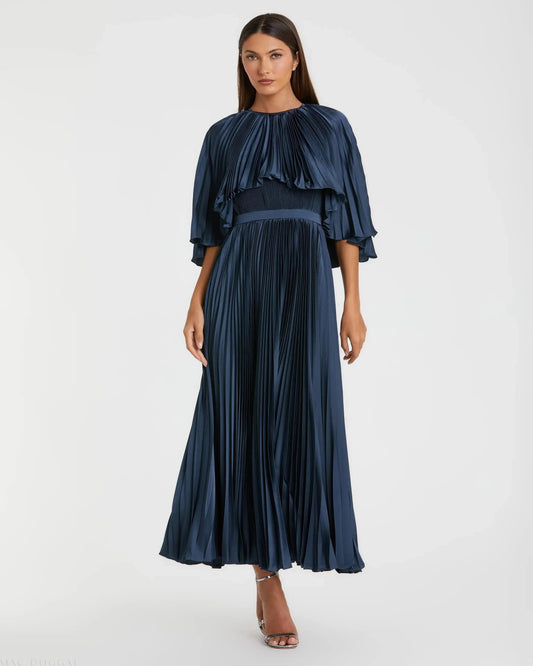 Mac Duggal Navy Pleated Caplet Tea-length Dress