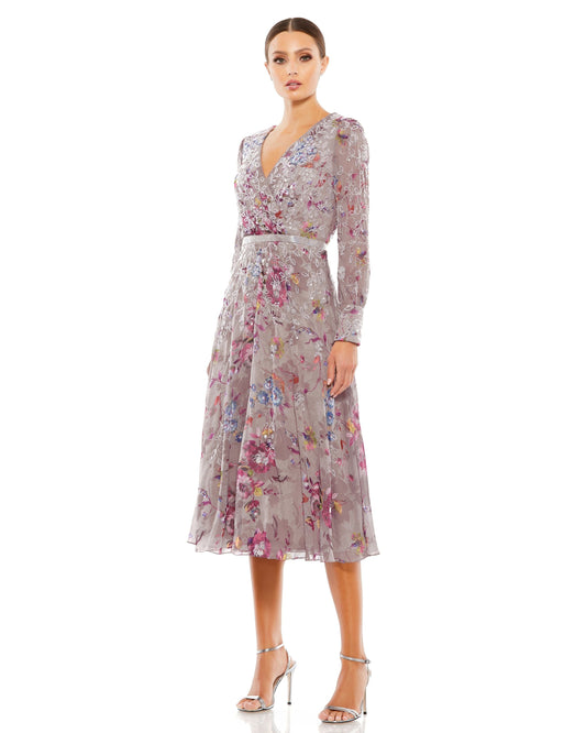 Mac Duggal Hand Embellished Floral Long Sleeve Midi Dress Duggal