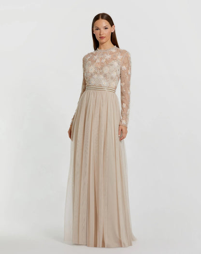 Mac Duggal Beige Embellished Illusion High Neck Long Sleeve Gown
