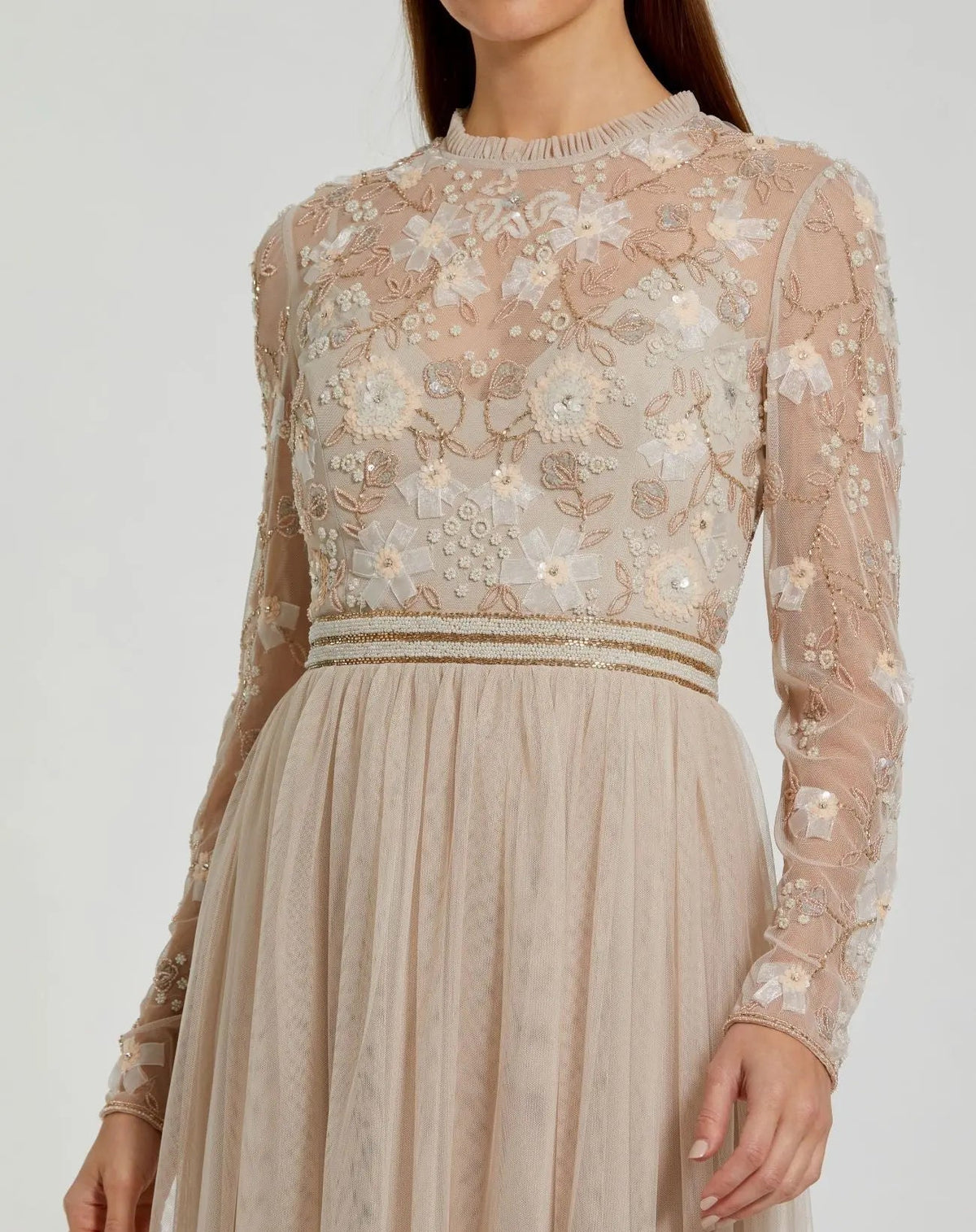Mac Duggal Beige Embellished Illusion High Neck Long Sleeve Gown