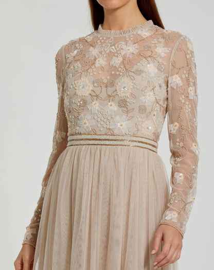 Mac Duggal Beige Embellished Illusion High Neck Long Sleeve Gown