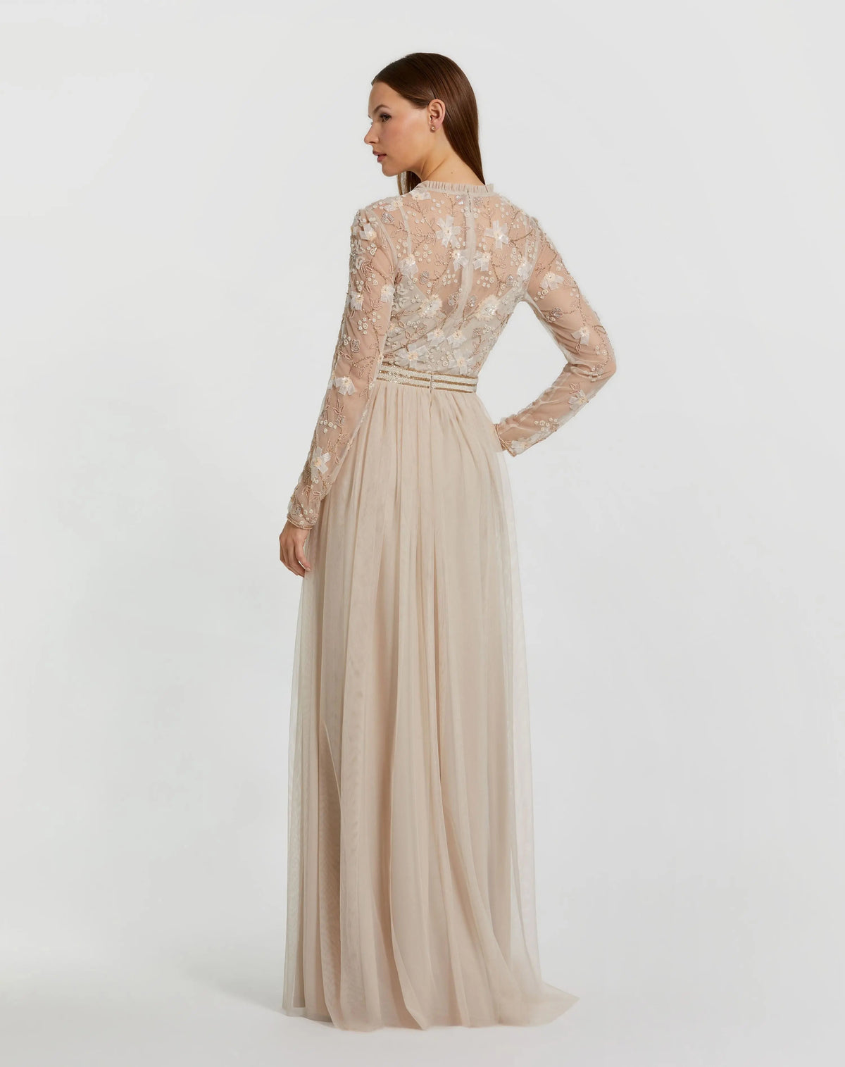 Mac Duggal Beige Embellished Illusion High Neck Long Sleeve Gown
