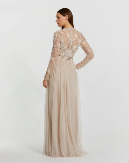 Mac Duggal Beige Embellished Illusion High Neck Long Sleeve Gown