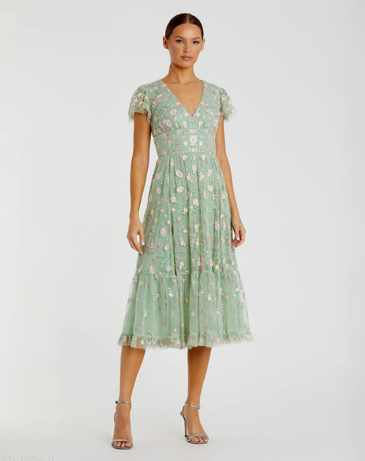 Mac Duggal Green Multicolor Embroidered V Neck Cap Sleeve Midi Dress