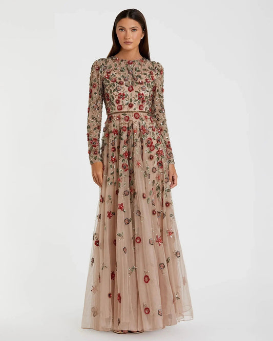 Mac Duggal Beige Embellished High Neck Long Sleeve A Line Gown