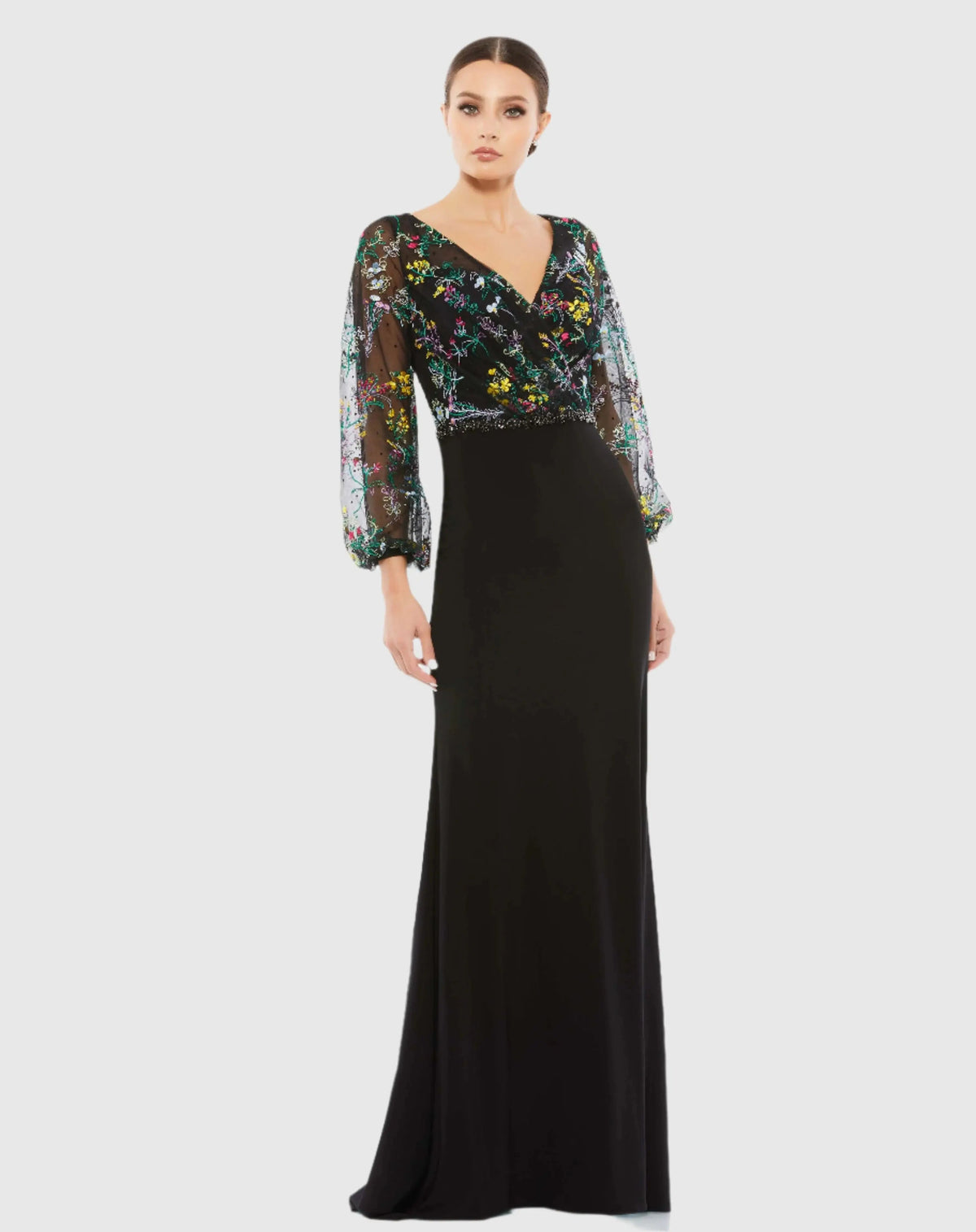 Mac Duggal Black Embroidered Illusion Puff Sleeve Column Gown