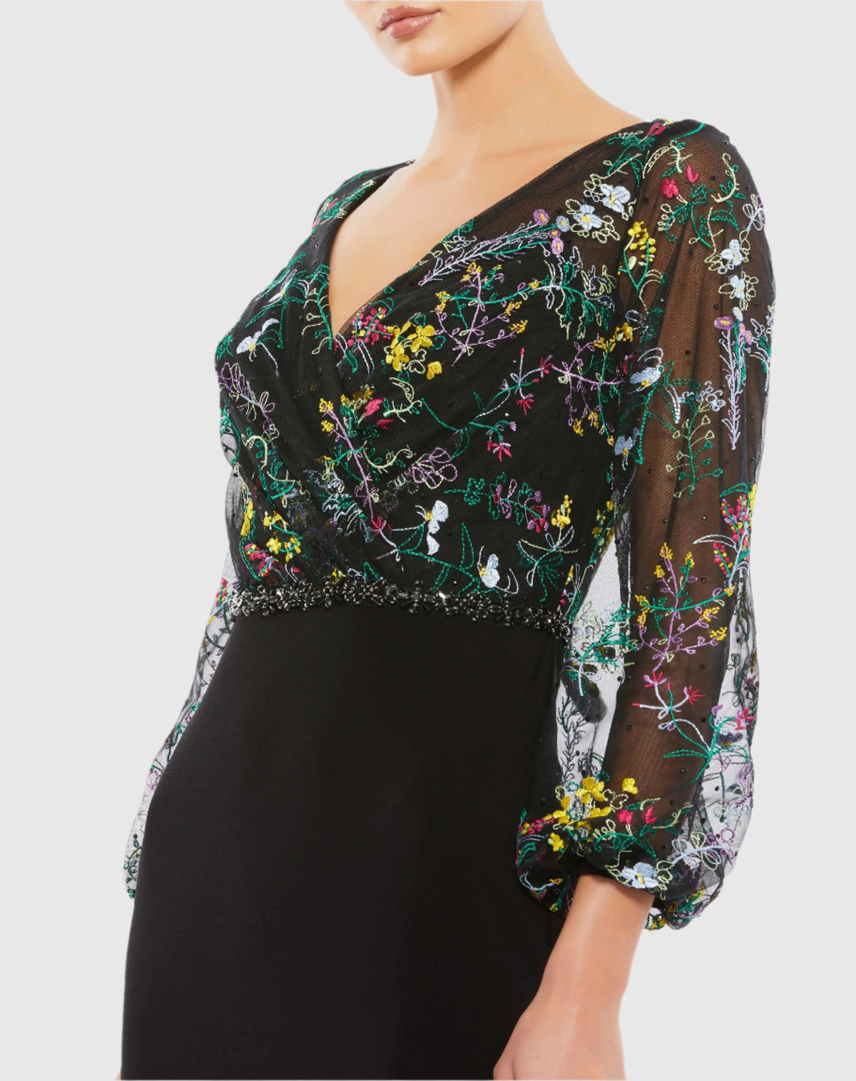 Mac Duggal Black Embroidered Illusion Puff Sleeve Column Gown