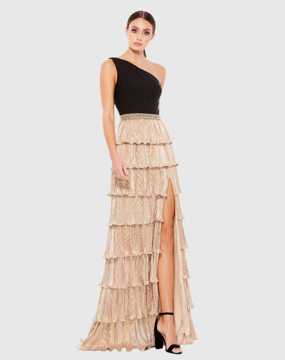 Mac Duggal Black and Gold One Shoulder Tiered Ruffle A-Line Gown