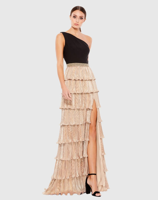 Mac Duggal Black and Gold One Shoulder Tiered Ruffle A-Line Gown