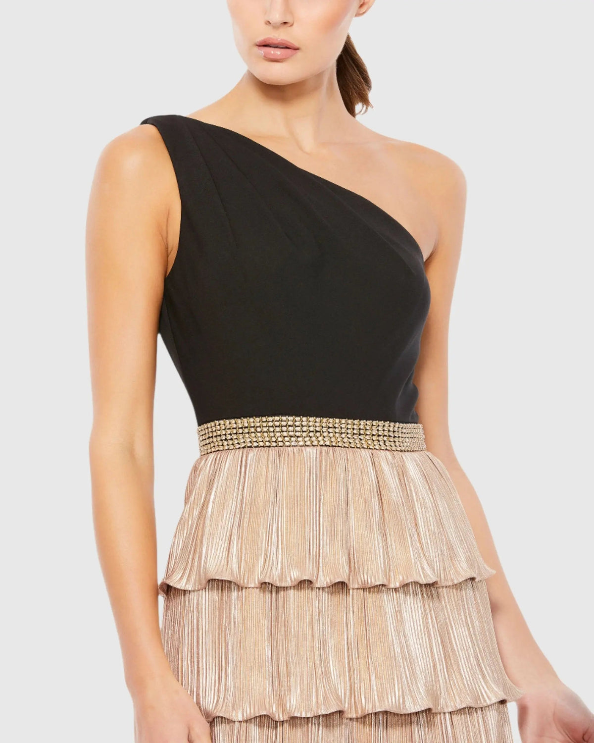 Mac Duggal Black and Gold One Shoulder Tiered Ruffle A-Line Gown