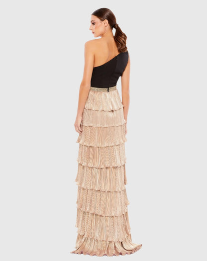 Mac Duggal Black and Gold One Shoulder Tiered Ruffle A-Line Gown
