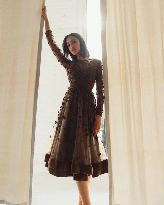 Mac Duggal Brown Embellished Long Sleeve Velvet Trim A-Line Midi Dress