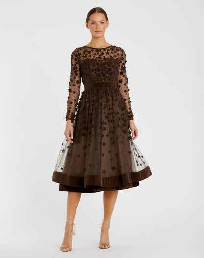 Mac Duggal Brown Embellished Long Sleeve Velvet Trim A-Line Midi Dress