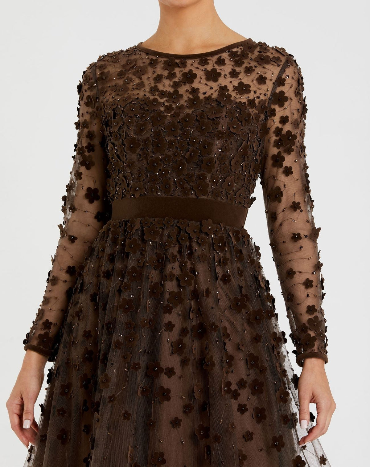 Mac Duggal Brown Embellished Long Sleeve Velvet Trim A-Line Midi Dress