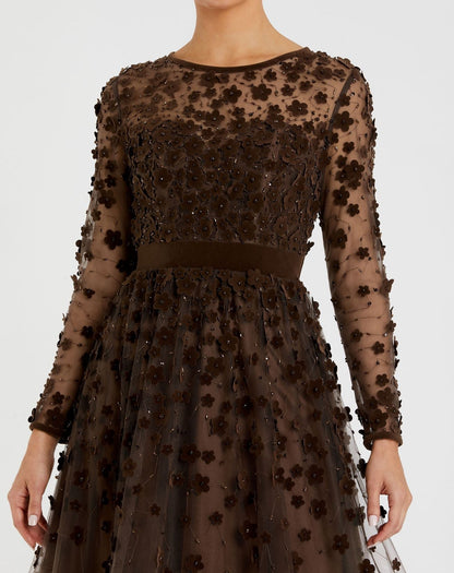 Mac Duggal Brown Embellished Long Sleeve Velvet Trim A-Line Midi Dress