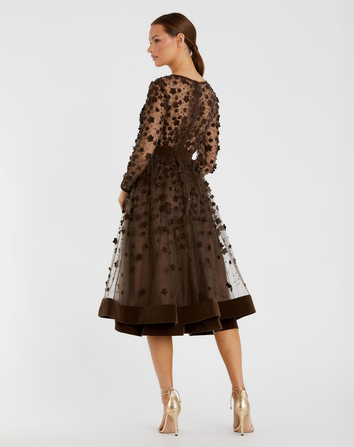 Mac Duggal Brown Embellished Long Sleeve Velvet Trim A-Line Midi Dress