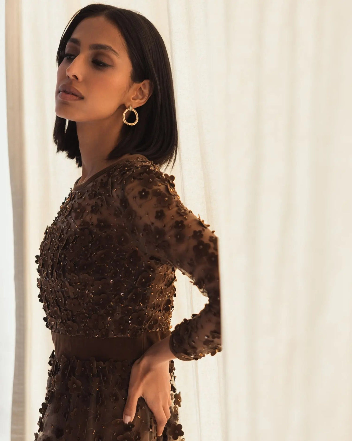Mac Duggal Brown Embellished Long Sleeve Velvet Trim A-Line Midi Dress