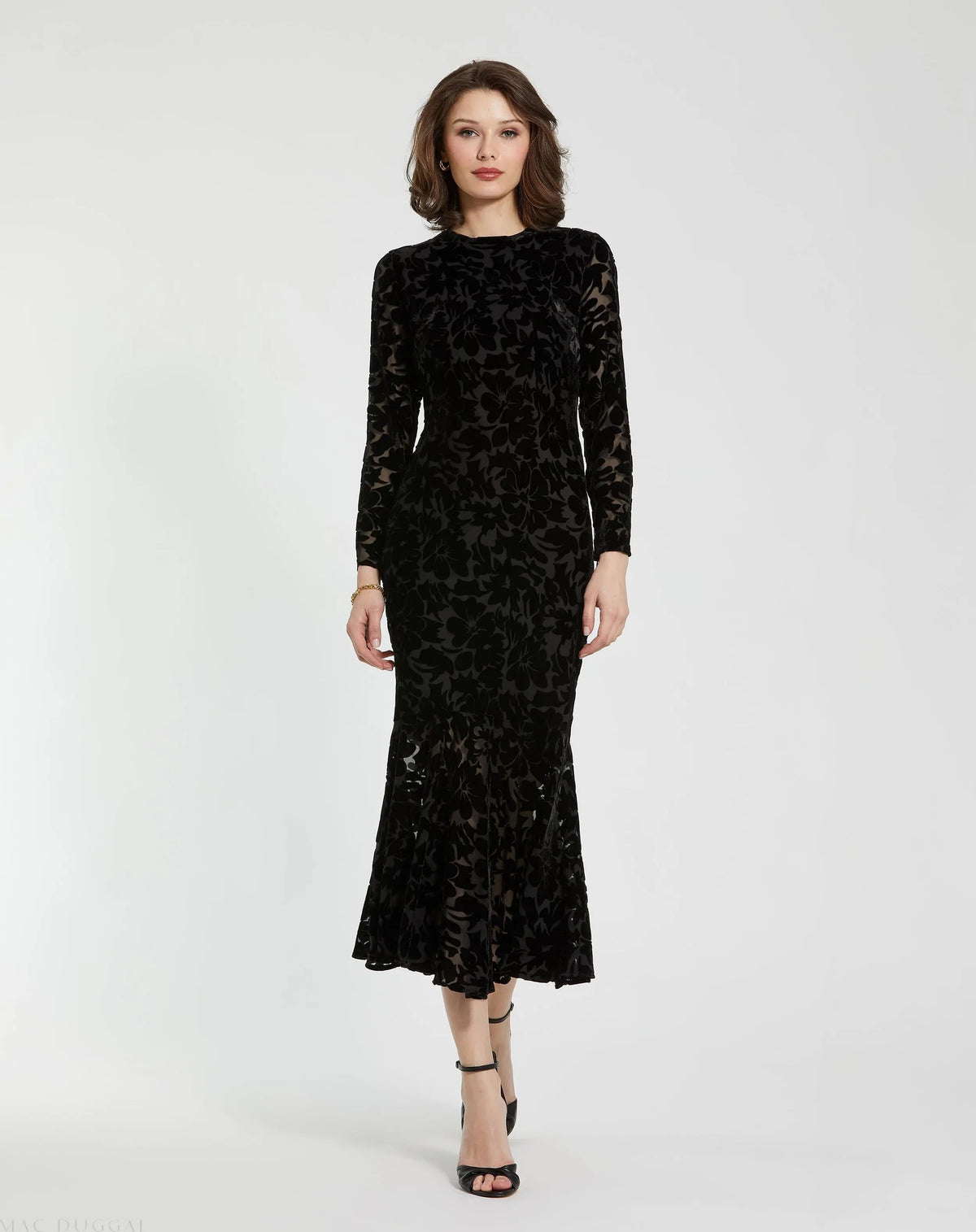 Mac Duggal Black Burnout Velvet Long Sleeve Midi Dress Duggal