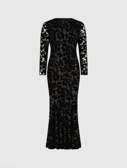 Mac Duggal Black Burnout Velvet Long Sleeve Midi Dress Duggal