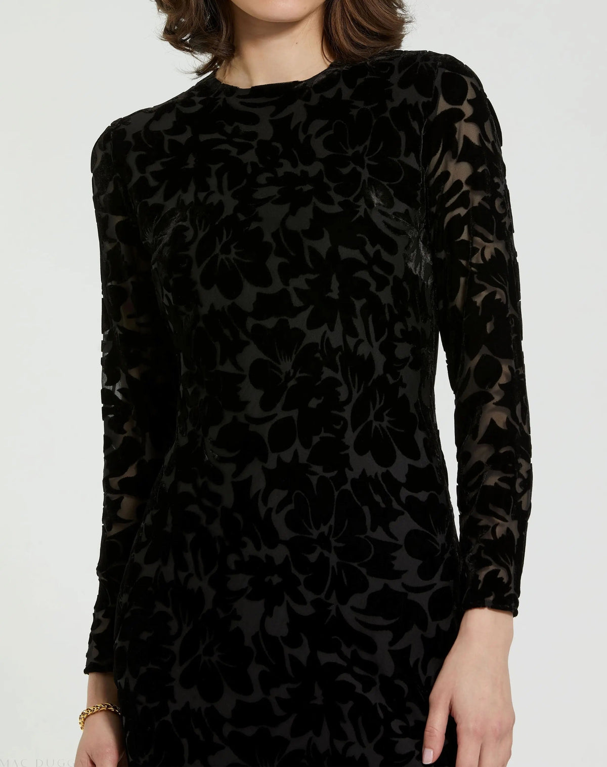 Mac Duggal Black Burnout Velvet Long Sleeve Midi Dress Duggal