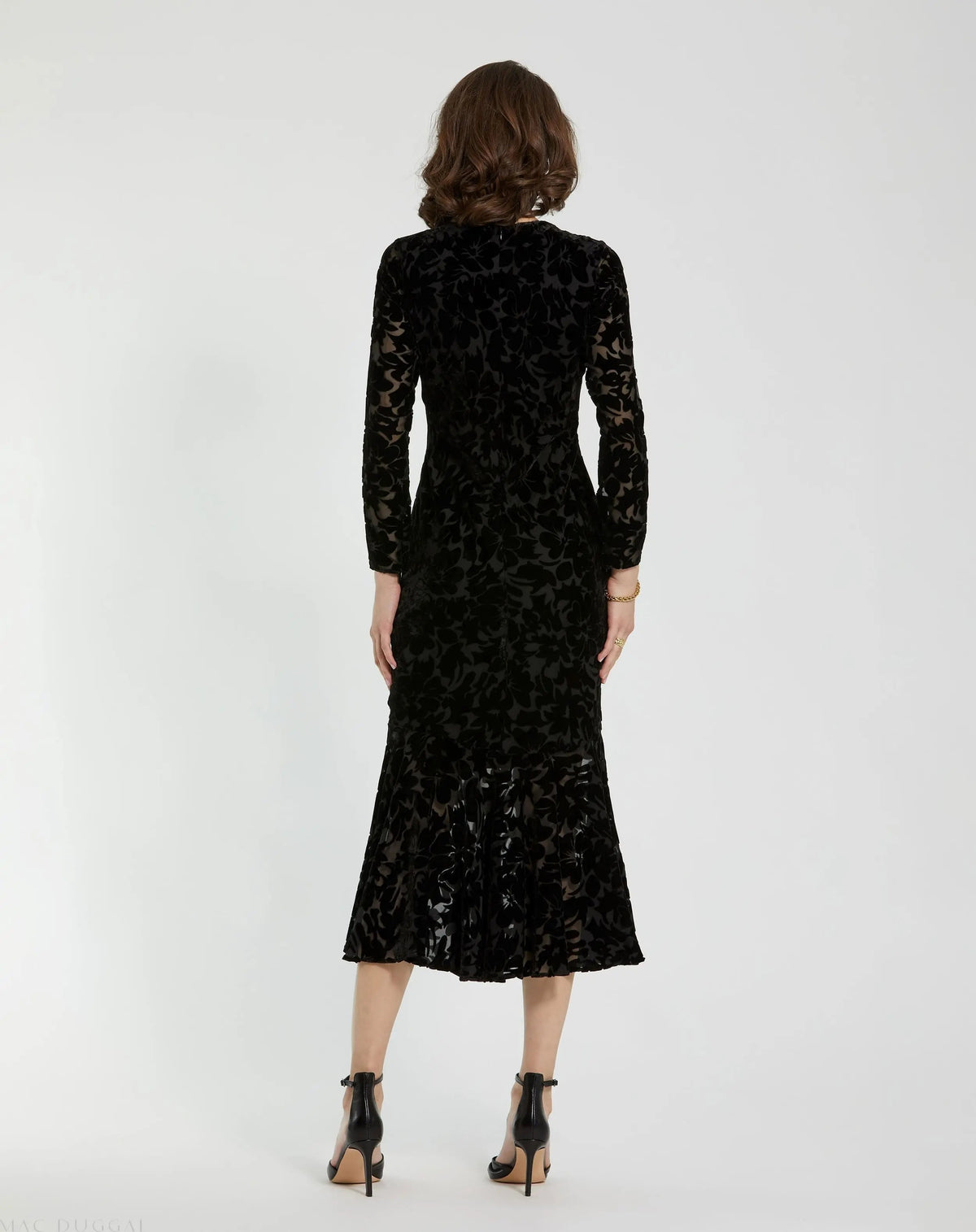 Mac Duggal Black Burnout Velvet Long Sleeve Midi Dress Duggal