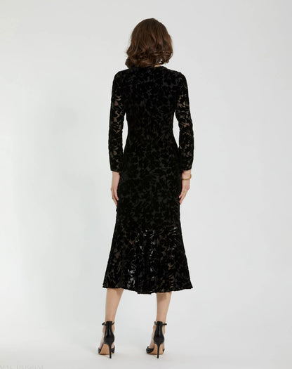Mac Duggal Black Burnout Velvet Long Sleeve Midi Dress Duggal