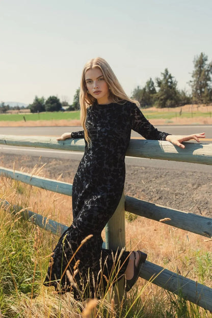 Mac Duggal Black Burnout Velvet Long Sleeve Midi Dress Duggal