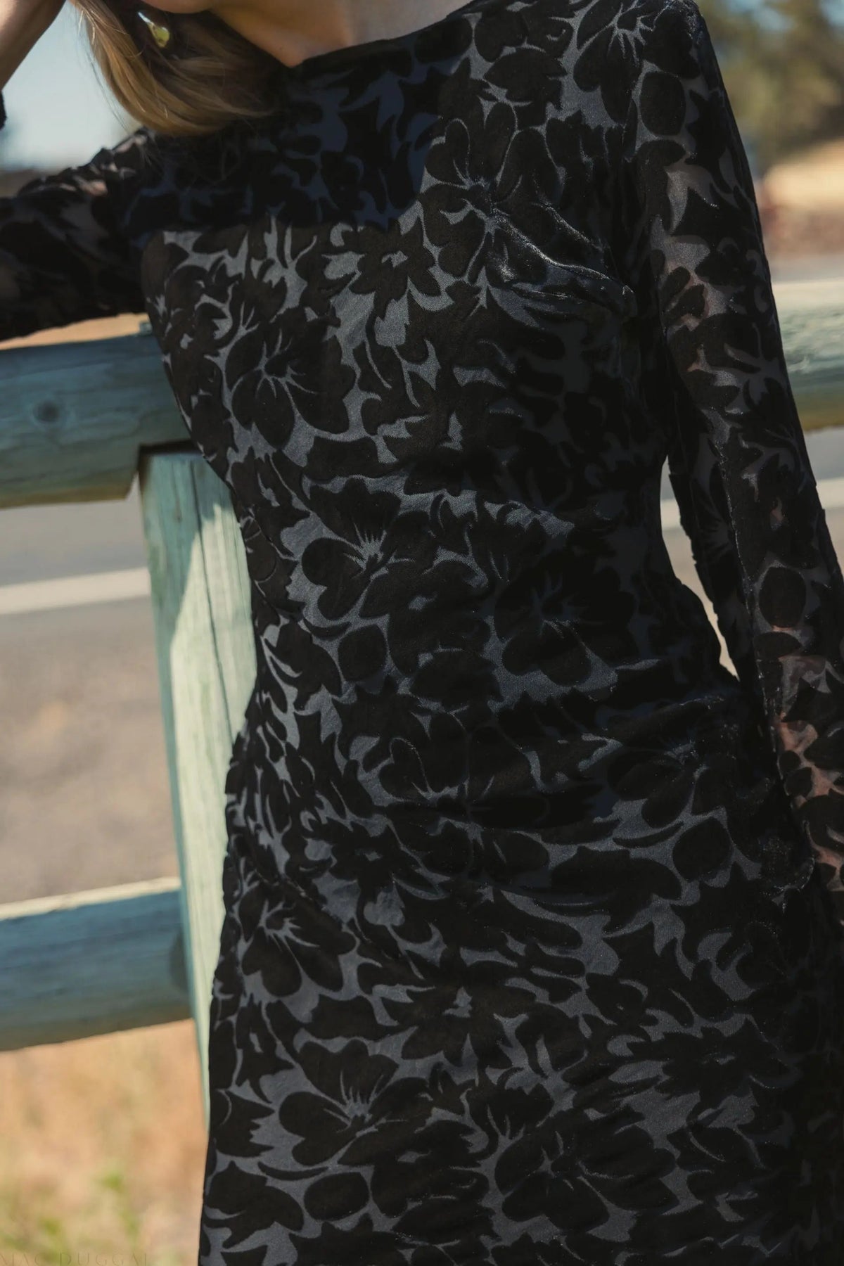 Mac Duggal Black Burnout Velvet Long Sleeve Midi Dress Duggal