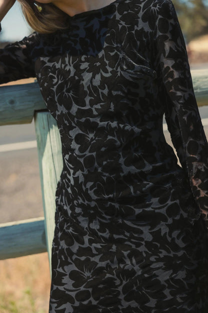 Mac Duggal Black Burnout Velvet Long Sleeve Midi Dress Duggal