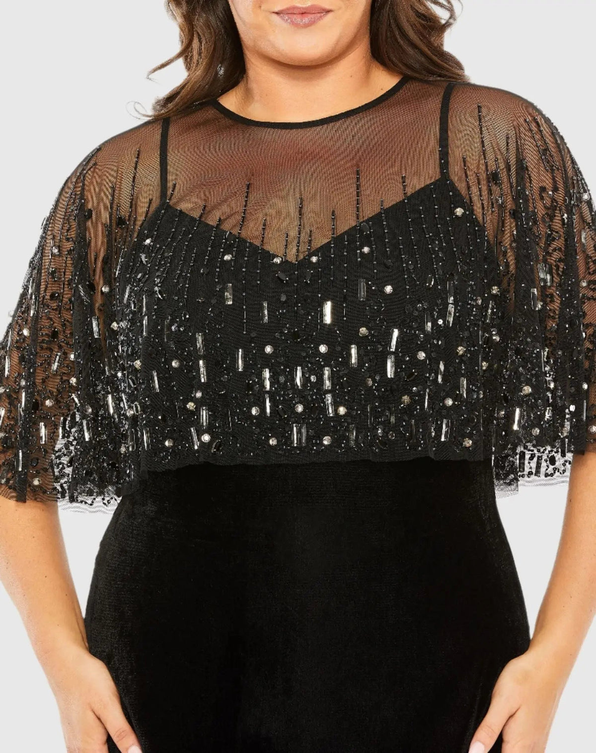 Mac Duggal Black Velvet Trumpet Gown With Embellished Cape (Plus)