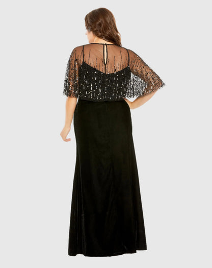 Mac Duggal Black Velvet Trumpet Gown With Embellished Cape (Plus)