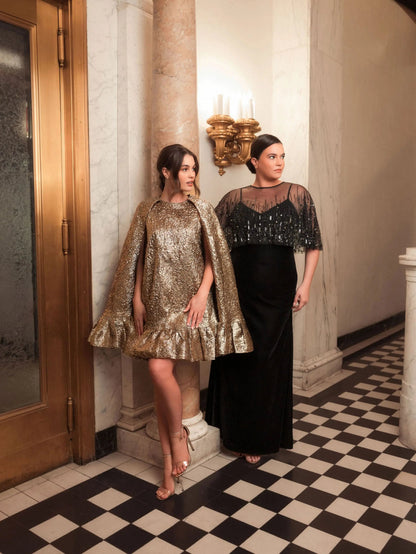 Mac Duggal Black Velvet Trumpet Gown With Embellished Cape (Plus)