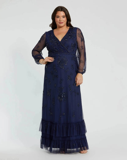 Mac Duggal Navy Puff Sleeve V-Neck Tiered Embellished Gown (Plus)