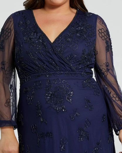 Mac Duggal Navy Puff Sleeve V-Neck Tiered Embellished Gown (Plus)