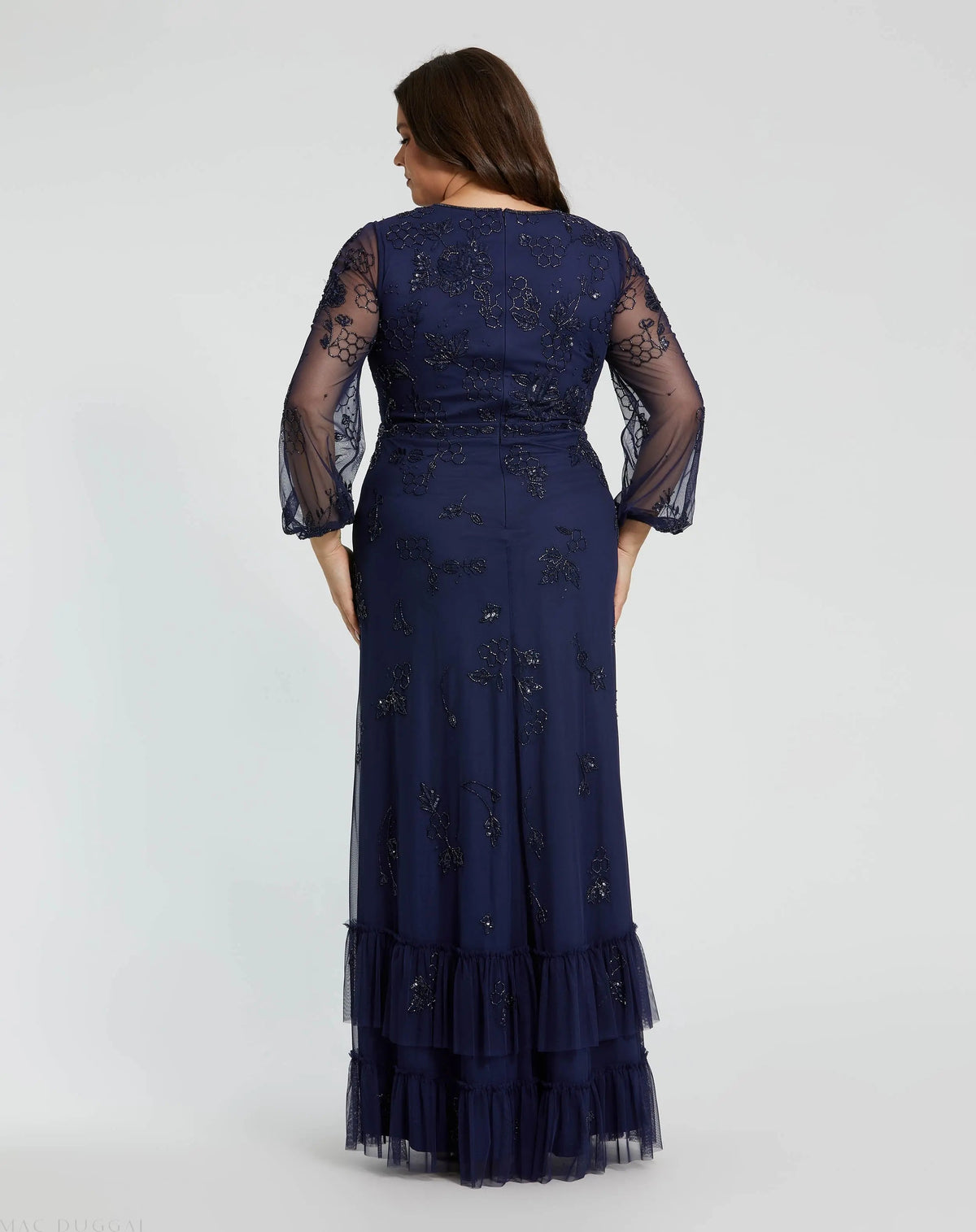 Mac Duggal Navy Puff Sleeve V-Neck Tiered Embellished Gown (Plus)