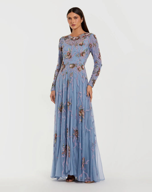 Mac Duggal Blue Floral Bow Beaded Long Sleeve Gown