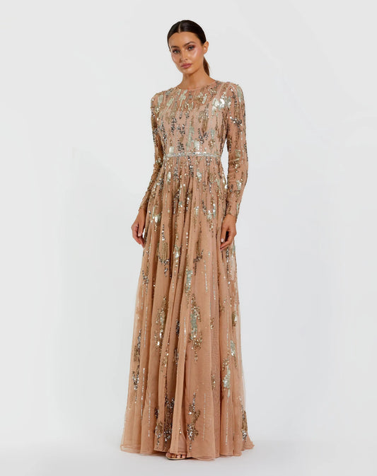 Mac Duggal Beige Long Sleeve Sequin Embellished Gown