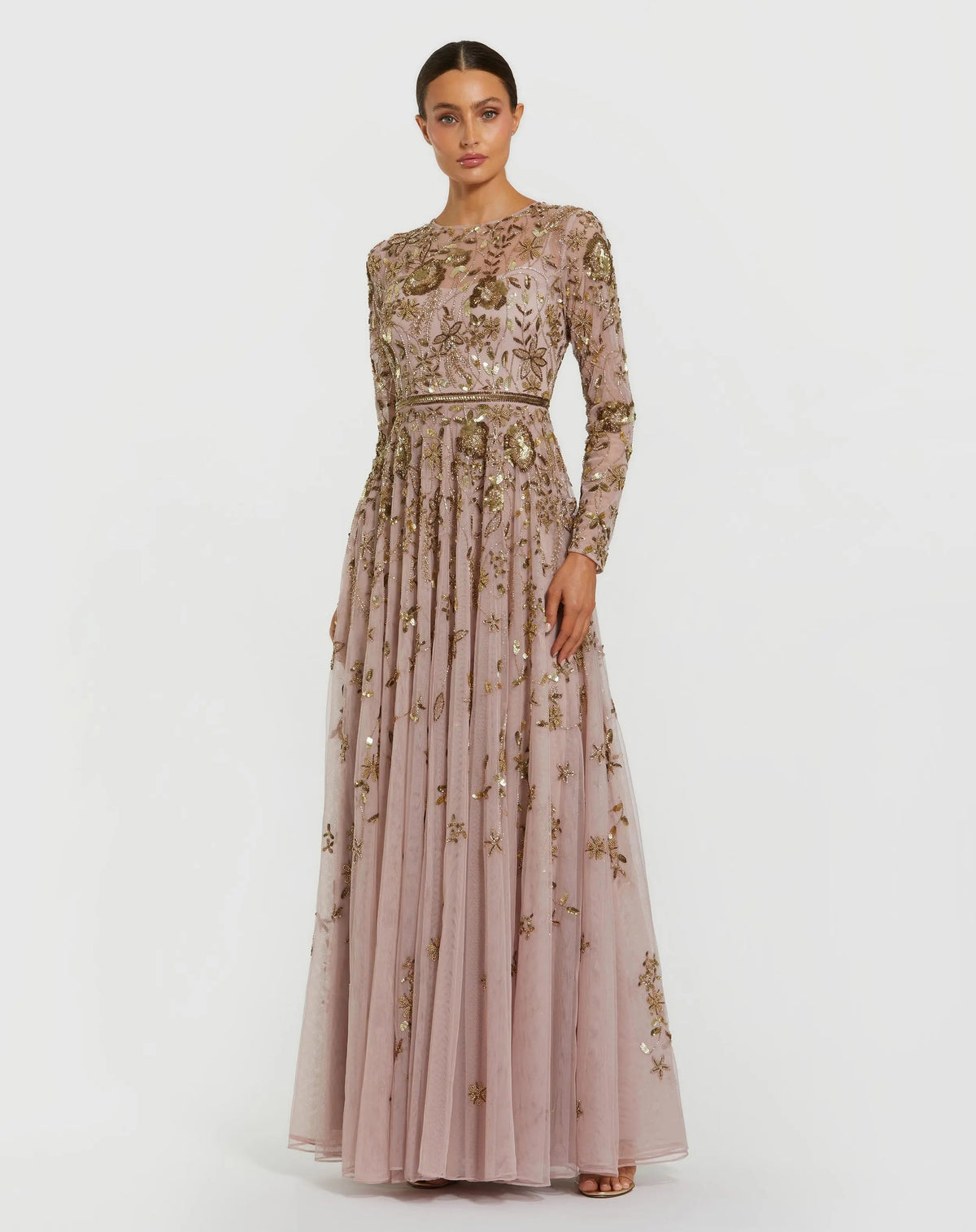 Mac Duggal Light Pink Long Sleeve Hand Embellished Floral A-line Gown