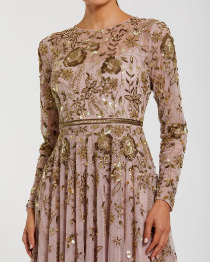 Mac Duggal Light Pink Long Sleeve Hand Embellished Floral A-line Gown