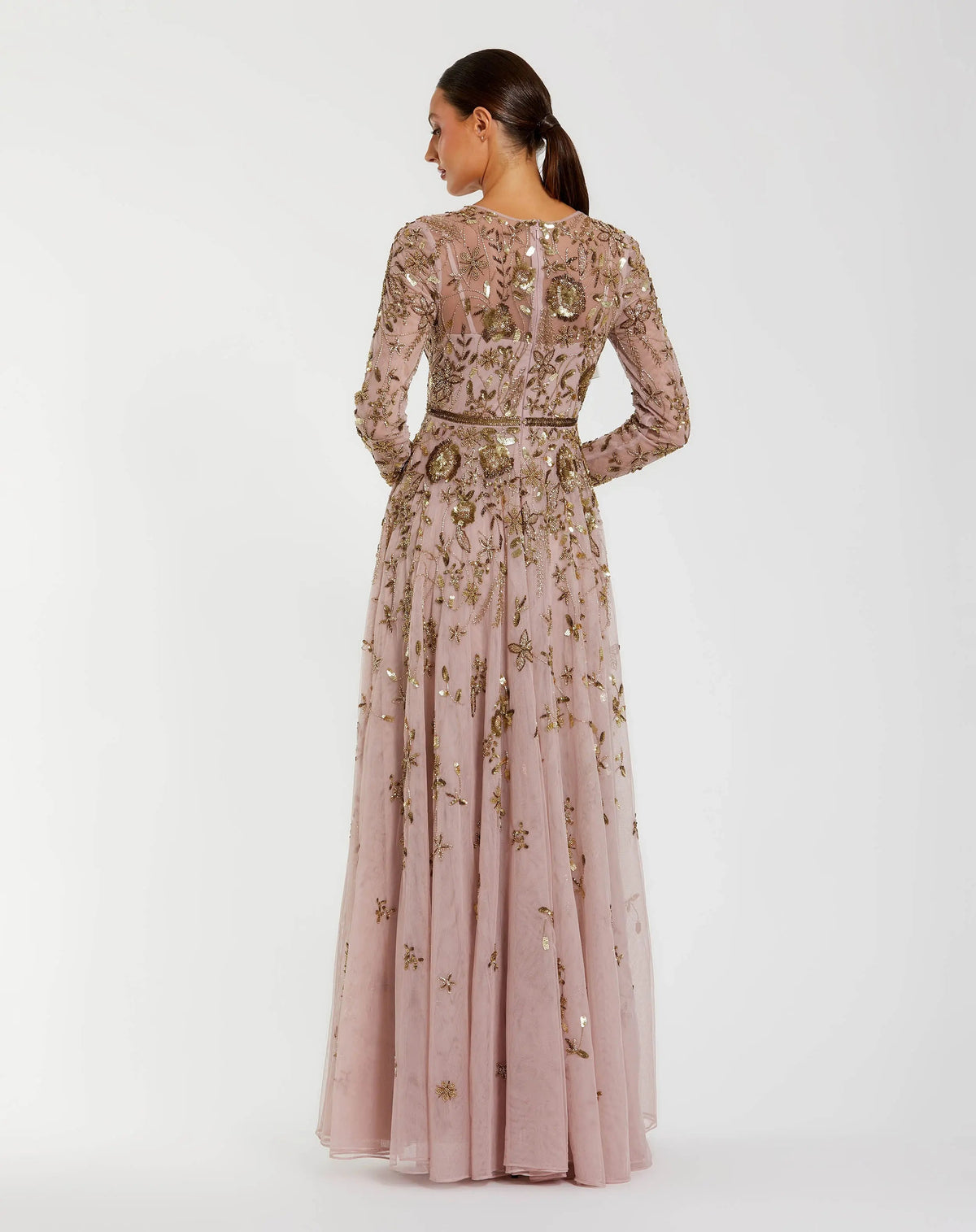 Mac Duggal Light Pink Long Sleeve Hand Embellished Floral A-line Gown