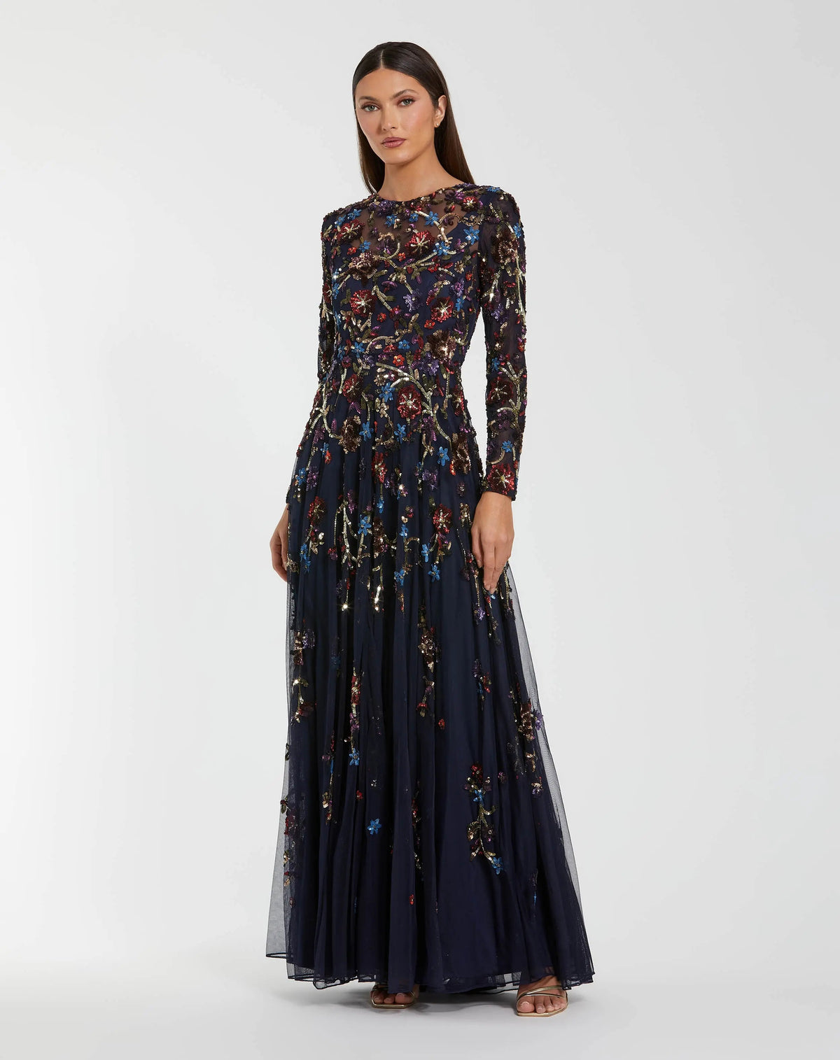 Mac Duggal Navy Beaded Long Sleeve High Neck A-Line Gown