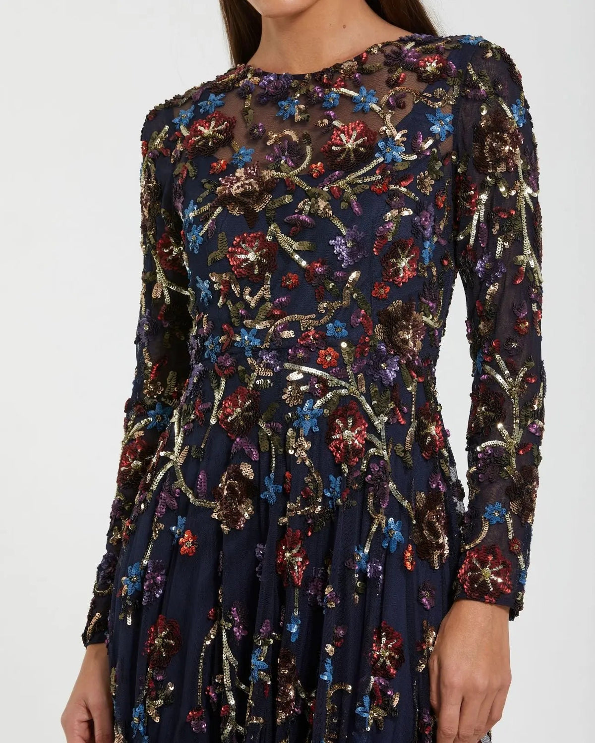 Mac Duggal Navy Beaded Long Sleeve High Neck A-Line Gown