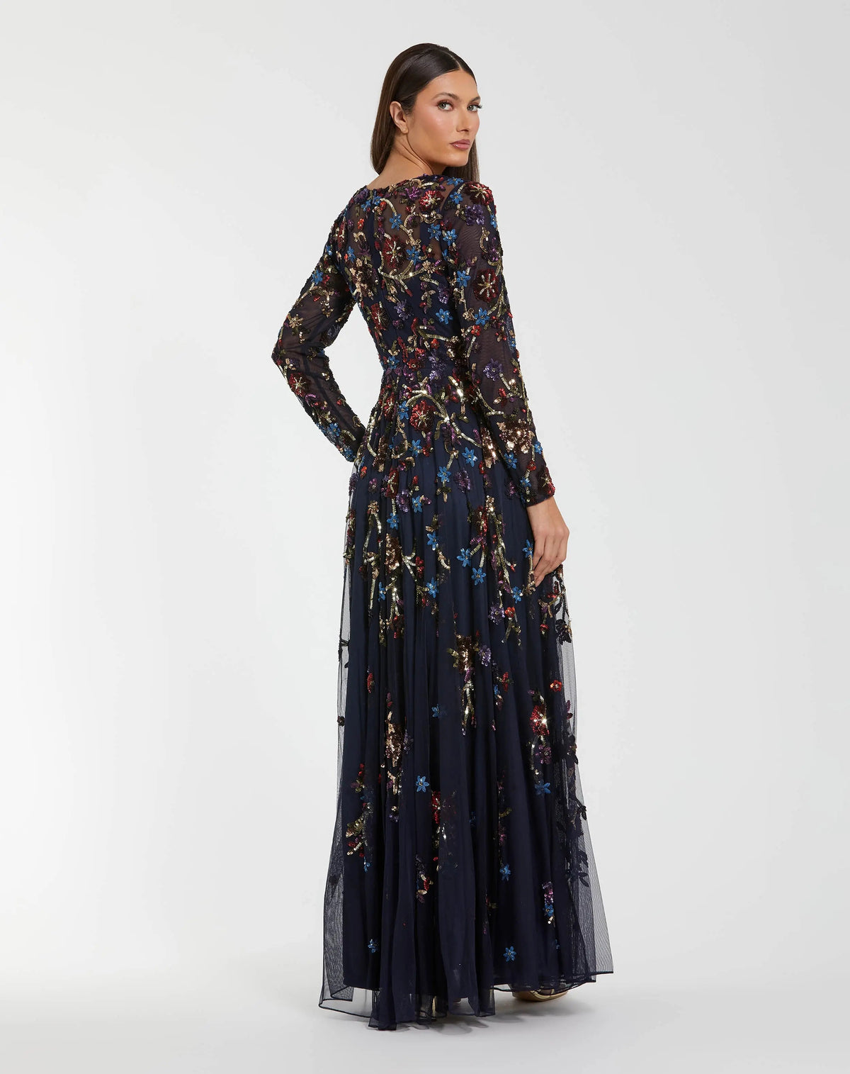 Mac Duggal Navy Beaded Long Sleeve High Neck A-Line Gown