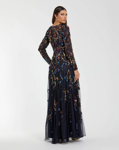 Mac Duggal Navy Beaded Long Sleeve High Neck A-Line Gown