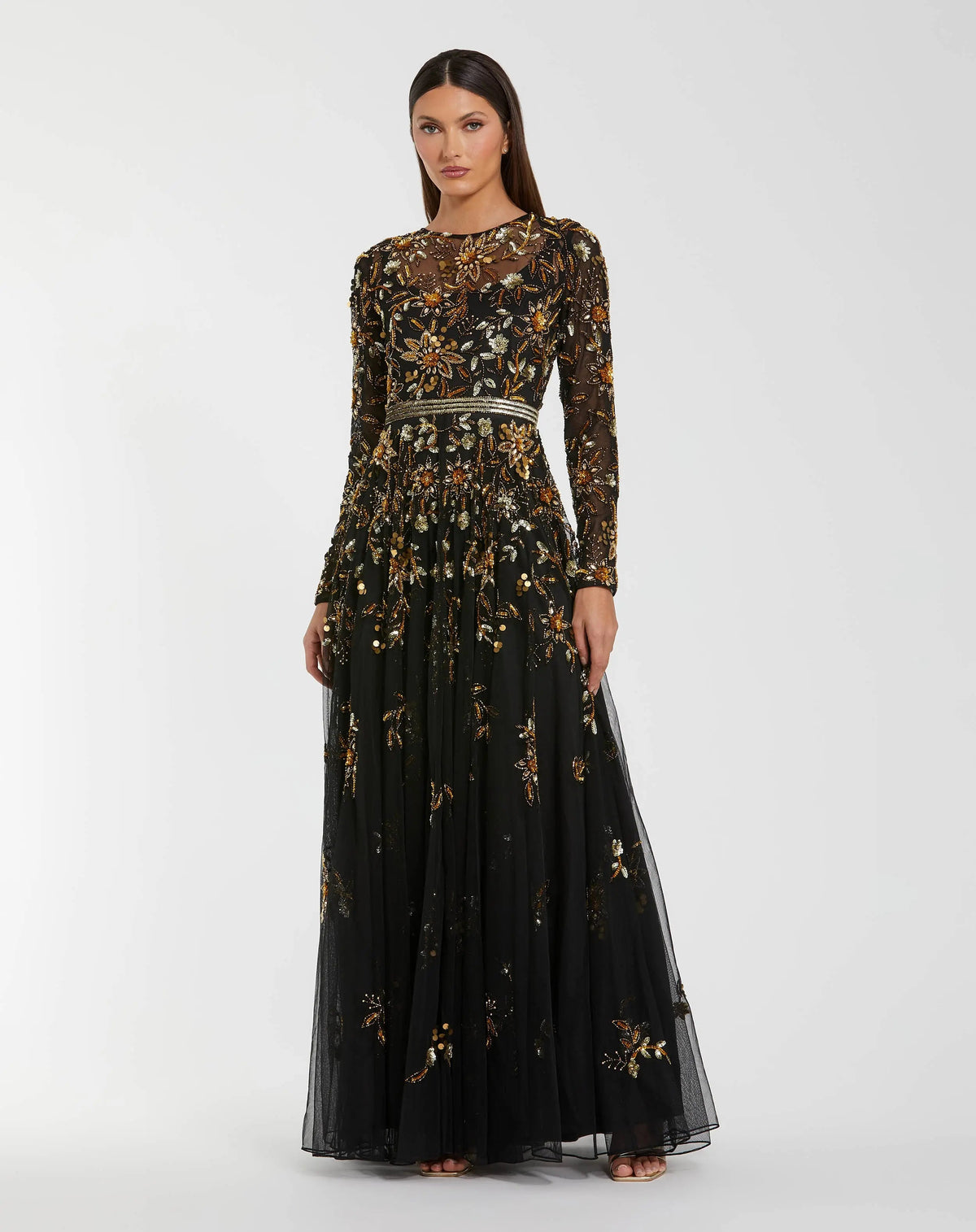 Mac Duggal Black Hand Embellished Long Sleeve A Line Gown