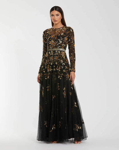 Mac Duggal Black Hand Embellished Long Sleeve A Line Gown